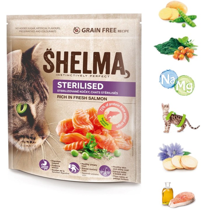 SHELMA Sterilizzato Ricco di salmone - cibo secco per gatti - 750g