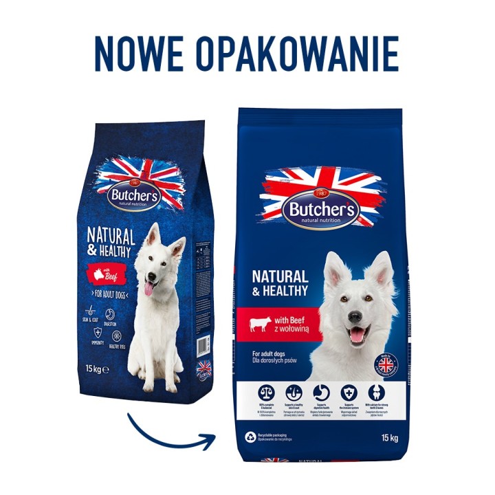 BUTCHER'S Natural&Healthy con manzo - cibo secco per cani - 15 kg