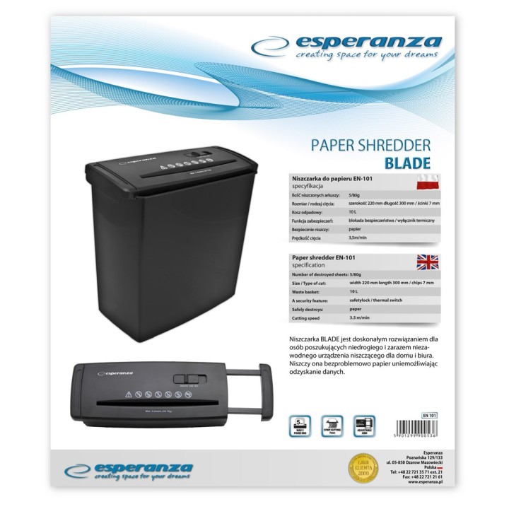 Esperanza EN101 Trituradora di carta Taglio a strisce 22 cm Nero