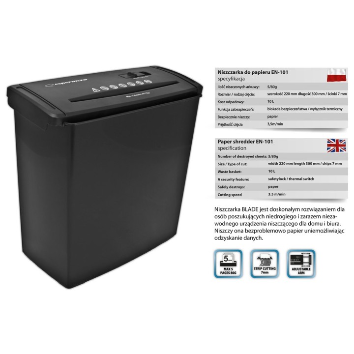 Esperanza EN101 Trituradora di carta Taglio a strisce 22 cm Nero
