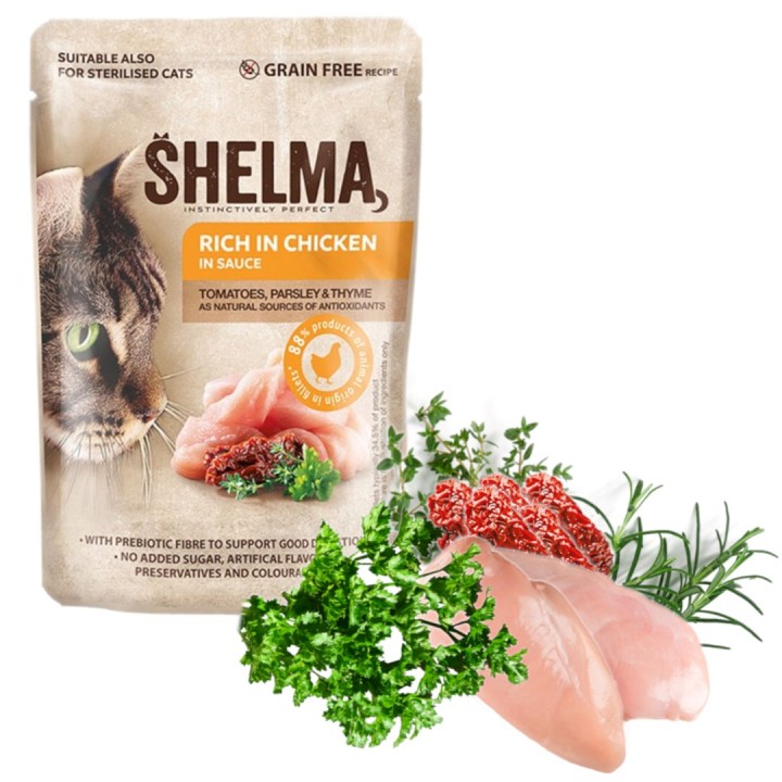 SHELMA Ricco di pollo in salsa - cibo umido gatti - 85g