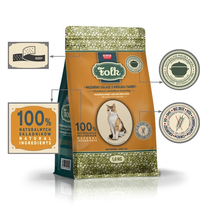 FOLK Umido di coniglio e capriolo stile masurico con barbabietole e mirtilli rossi - cibo secco gatti - 1 6kg