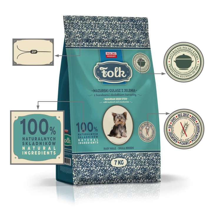 FOLK Razze piccole Umido di cervo masurico tradizionale con barbabietole e mirtilli rossi - cibo secco cani - 7kg