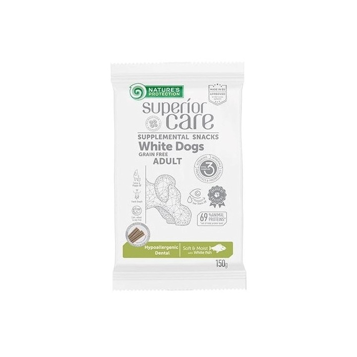 NATURE'S PROTECTION SC White Dogs Grain Free Adult Hypoallergenic Dental Pesce bianco - snack per cani - 150 g