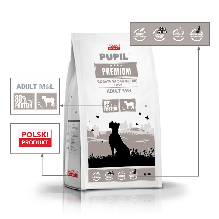 PUPIL Premium Razze medie e grandi Ricco di agnello e riso - cibo secco cani - 12kg