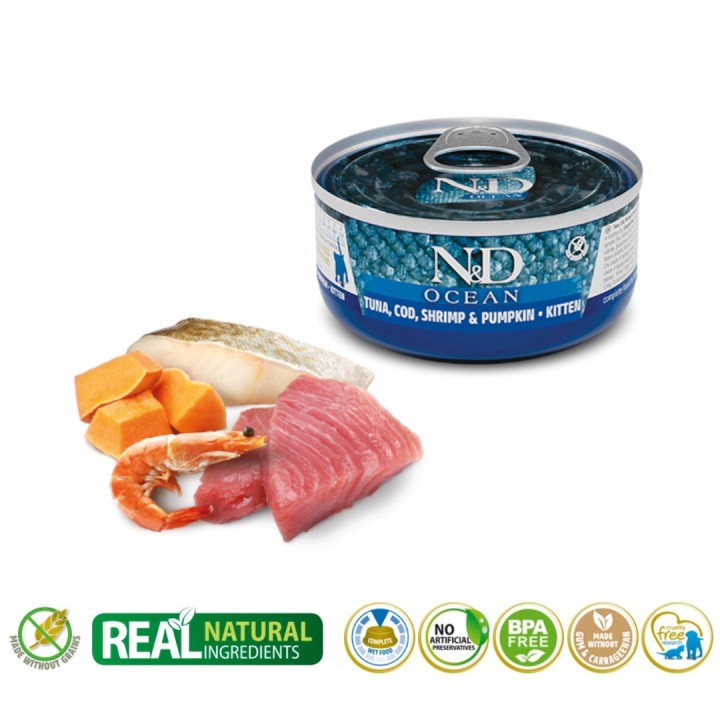 FARMINA N&D Ocean Kitten Tonno Merluzzo Gamberetto & Zucca – cibo umido per gattini – 70g