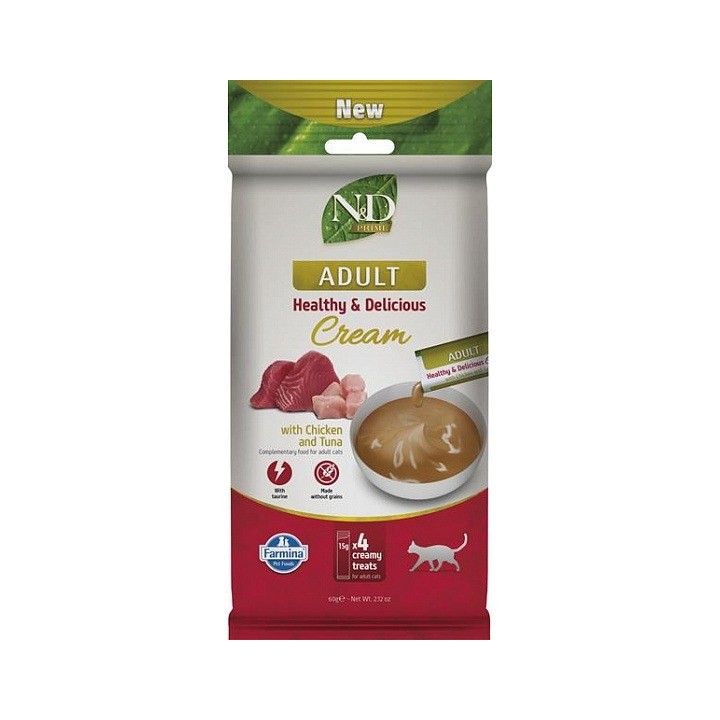 FARMINA N&D Prime Cat Cream con Pollo & Tonno per Gatti Adulti – Snack per Gatti – 4 × 15 g