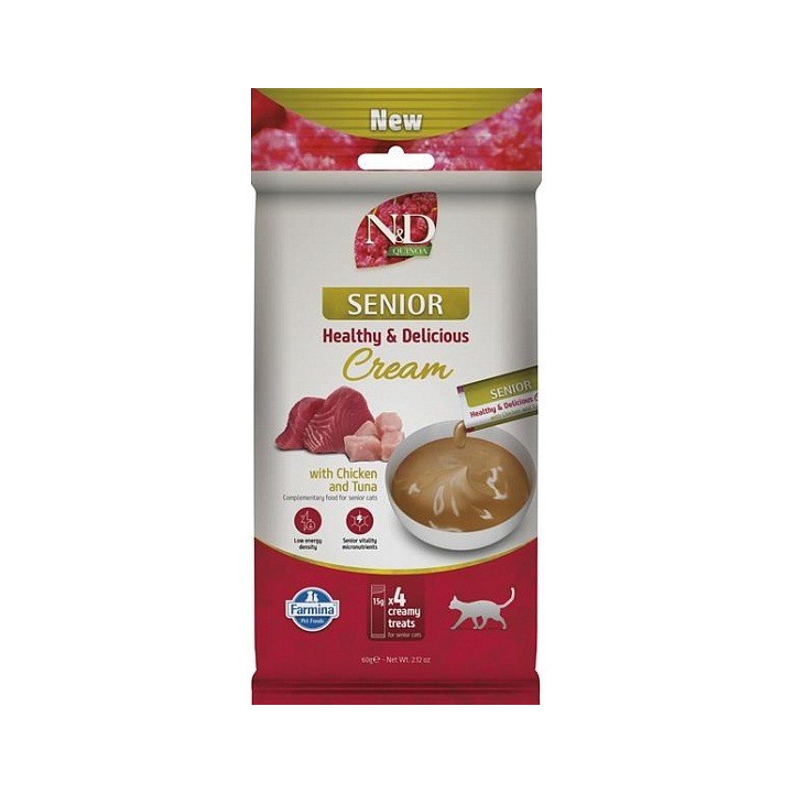 FARMINA N&D Quinoa Cat Senior Cream con Pollo & Tonno box – snack per gatti – 4x15g