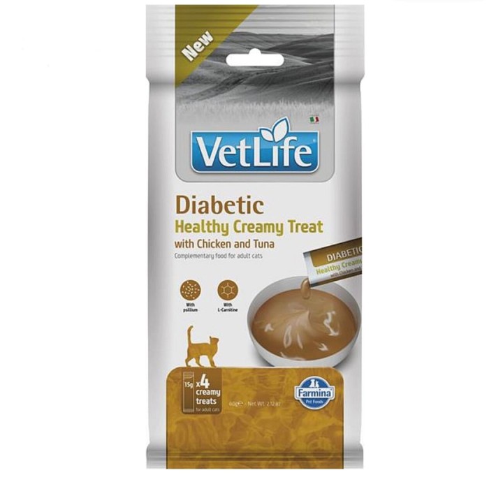 FARMINA Vet Life Cat Diabetic Snack cremoso con Pollo e Tonno scatola – snack gatto – 4x15g