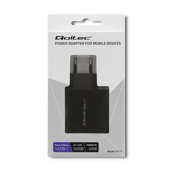 Qoltec 51717 caricabatterie | 45W | 5-20V | 2.25-3A | USB tipo C PD | USB | nero