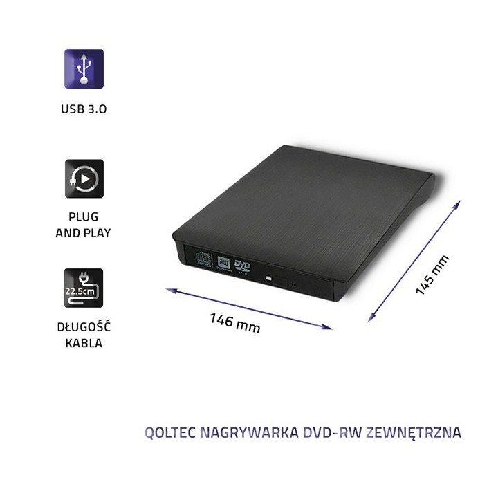 Qoltec 51857 masterizzatore esterno DVD-RW |USB 3:0|Black