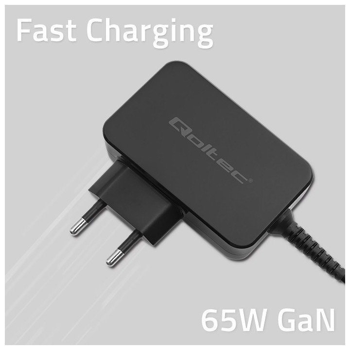 Qoltec 52386 GaN POWER PRO caricabatterie | 1xUSB-C | 65W | 5-20V | 3-3.25A | nero