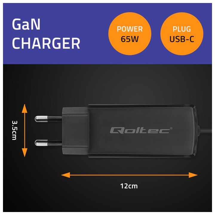 Qoltec 52419 65W GaN caricabatterie super veloce| 5-20V | 3-3.25A | USB-C 3.1