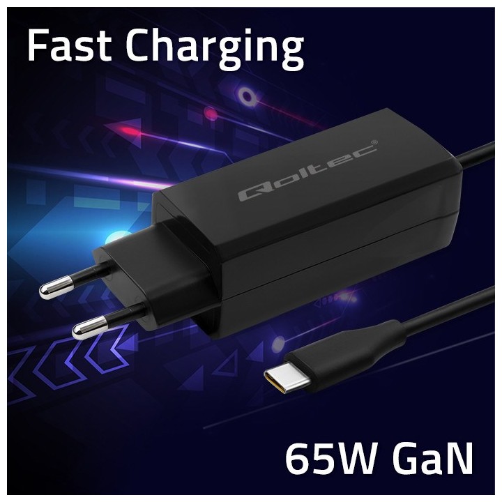 Qoltec 52419 65W GaN caricabatterie super veloce| 5-20V | 3-3.25A | USB-C 3.1