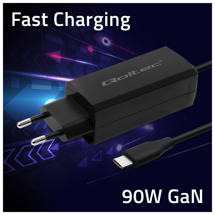Qoltec 52420 90W GaN caricabatterie super veloce| 5-20V | 3-4.5A | USB-C 3.1