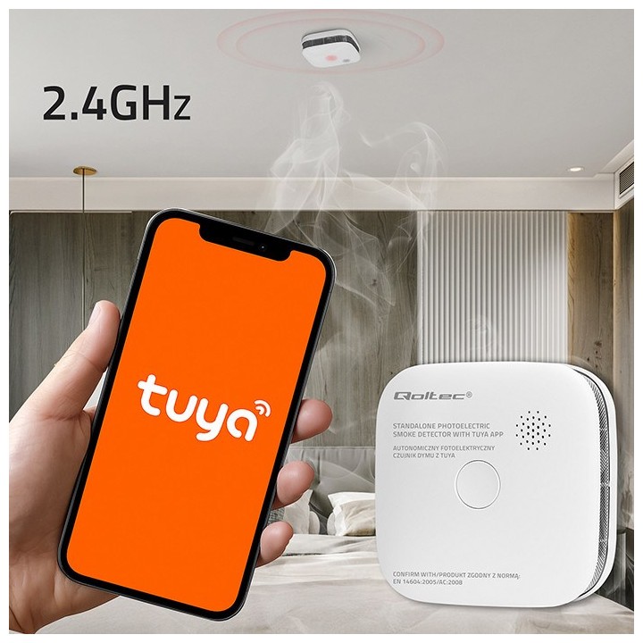 Qoltec 52579 rilevatore di fumo wireless con batteria | Tuya | Wi-Fi | durata sensore 10 anni | allarme 85dB | LED