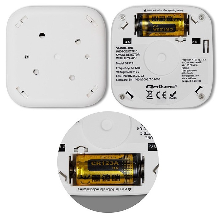 Qoltec 52579 rilevatore di fumo wireless con batteria | Tuya | Wi-Fi | durata sensore 10 anni | allarme 85dB | LED