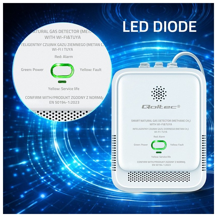 Qoltec 52651 sensore di perdita gas naturale | rilevatore CH4 | allarme NG | Tuya | Wi-Fi | 85dB | LED