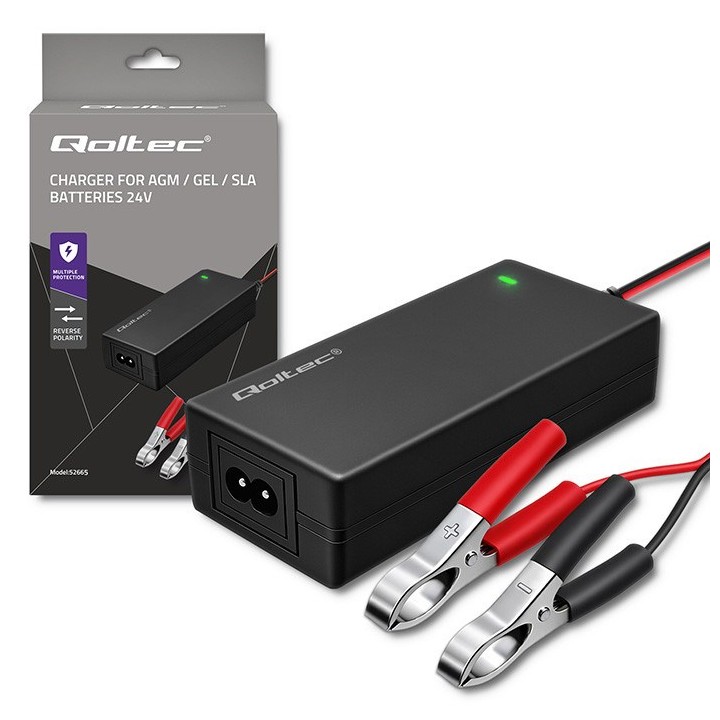 Qoltec 52665 caricabatterie automatico per batterie AGM GEL STD | caricabatterie 24V | cavo 2A | 48W | LED | 1.8m