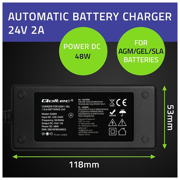 Qoltec 52665 caricabatterie automatico per batterie AGM GEL STD | caricabatterie 24V | cavo 2A | 48W | LED | 1.8m