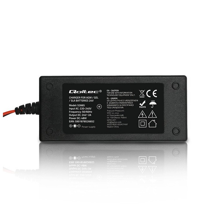 Qoltec 52665 caricabatterie automatico per batterie AGM GEL STD | caricabatterie 24V | cavo 2A | 48W | LED | 1.8m