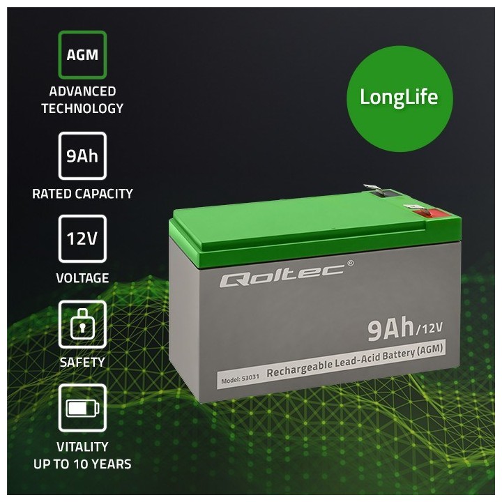 Qoltec 53031 AGM batteria | 12V | 9Ah