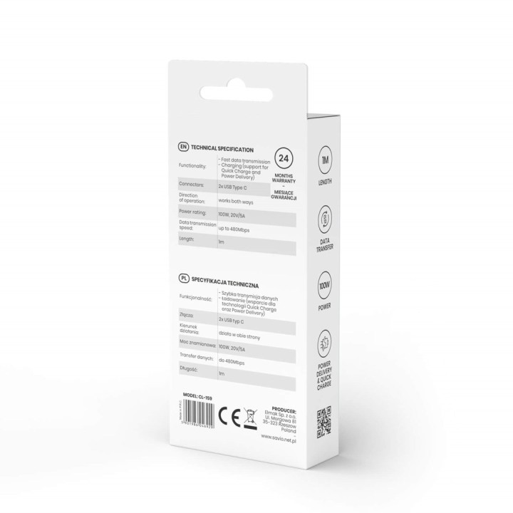 Cavo Savio CL-159 USB 1 m USB 2.0 USB C - USB C nero