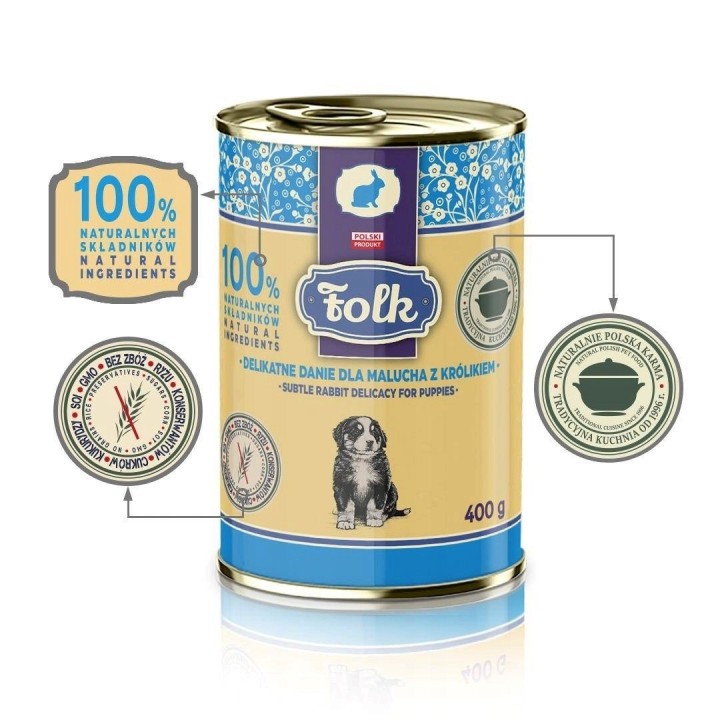 FOLK Pasto delicato per cuccioli con coniglio mono - cibo umido per cani - 400g