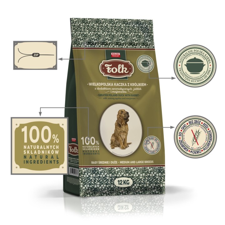 FOLK Razze medio grandi Tradizionale anatra della Grande Polonia con coniglio mele e origano - cibo secco per cani - 12kg