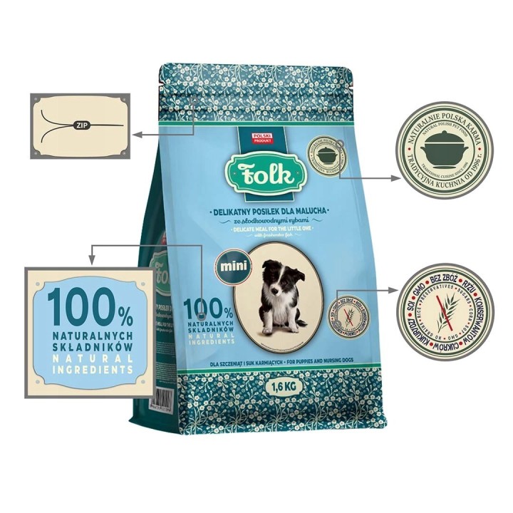 FOLK Pasto delicato per cuccioli con pesce d'acqua dolce Mini - cibo secco per cani - 1 6kg