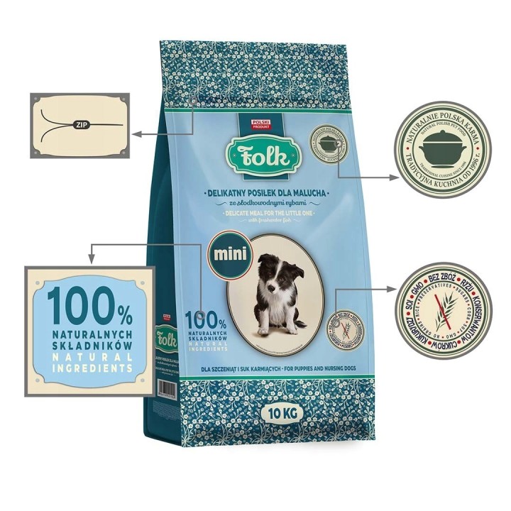 FOLK Pasto delicato per cuccioli con pesce d'acqua dolce Mini - cibo secco per cani - 10kg