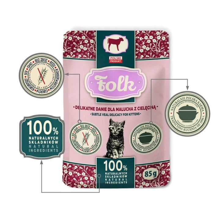 FOLK Kitten Pasto delicato per gattini con vitello mono - cibo umido per gatti - 85g