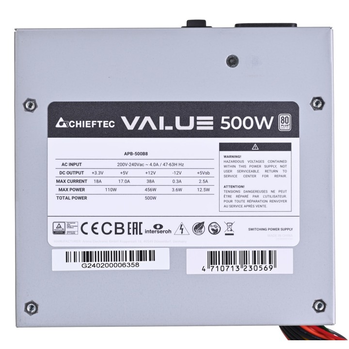 Chieftec Value APB-500B8 alimentatore 500 W 20+4 pin ATX ATX argento