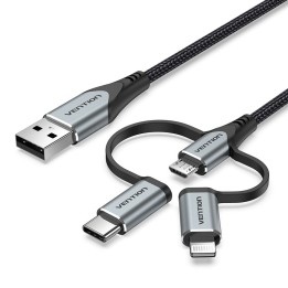 Vention USB 2.0 A Cavo maschio a 3 in 1 Micro-B&USB-C&Lightning maschio 1M tipo lega di alluminio grigio