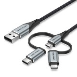 Vention USB 2.0 A Cavo maschio a 3 in 1 Micro-B&USB-C&Lightning maschio 1M tipo lega di alluminio grigio