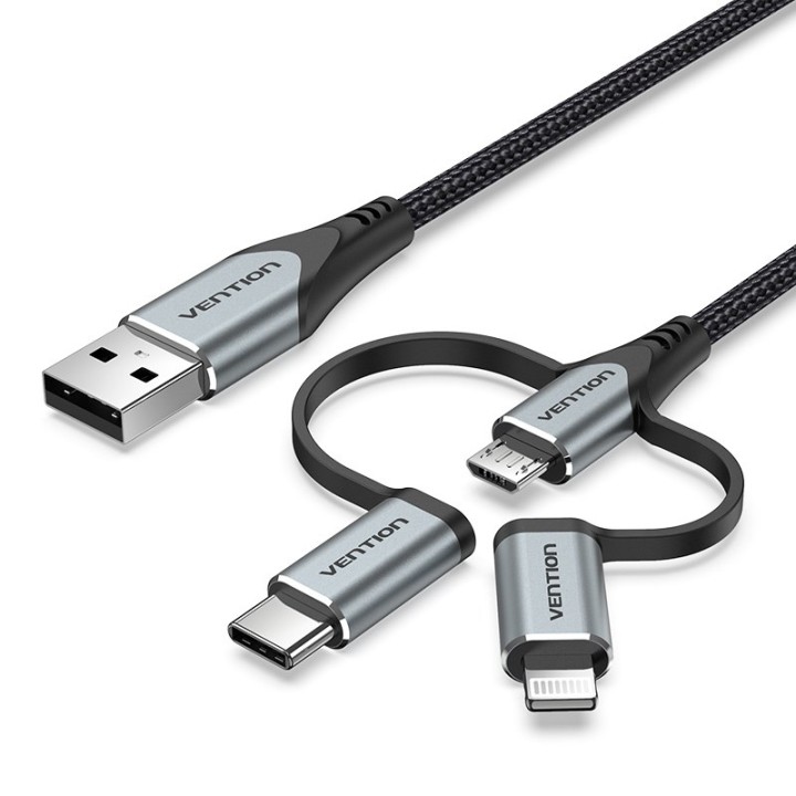 Vention USB 2.0 A Cavo maschio a 3 in 1 Micro-B&USB-C&Lightning maschio 1M tipo lega di alluminio grigio