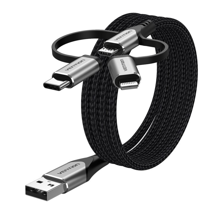 Vention USB 2.0 A Cavo maschio a 3 in 1 Micro-B&USB-C&Lightning maschio 1M tipo lega di alluminio grigio