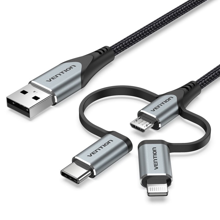 Vention USB 2.0 A Cavo maschio a 3 in 1 Micro-B&USB-C&Lightning maschio 1M tipo lega di alluminio grigio