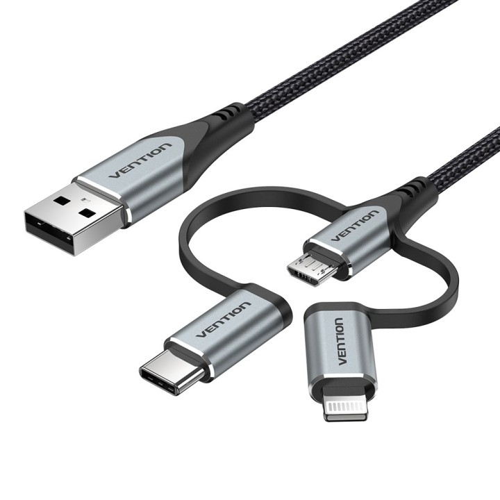 Vention USB 2.0 A Cavo maschio a 3 in 1 Micro-B&USB-C&Lightning maschio 1M tipo lega di alluminio grigio