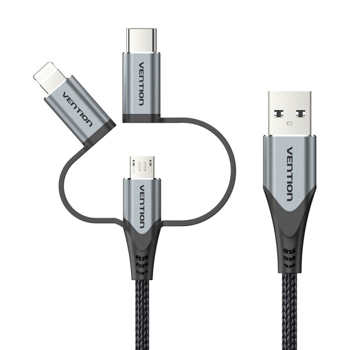 Vention USB 2.0 A Cavo maschio a 3 in 1 Micro-B&USB-C&Lightning maschio 1M tipo lega di alluminio grigio