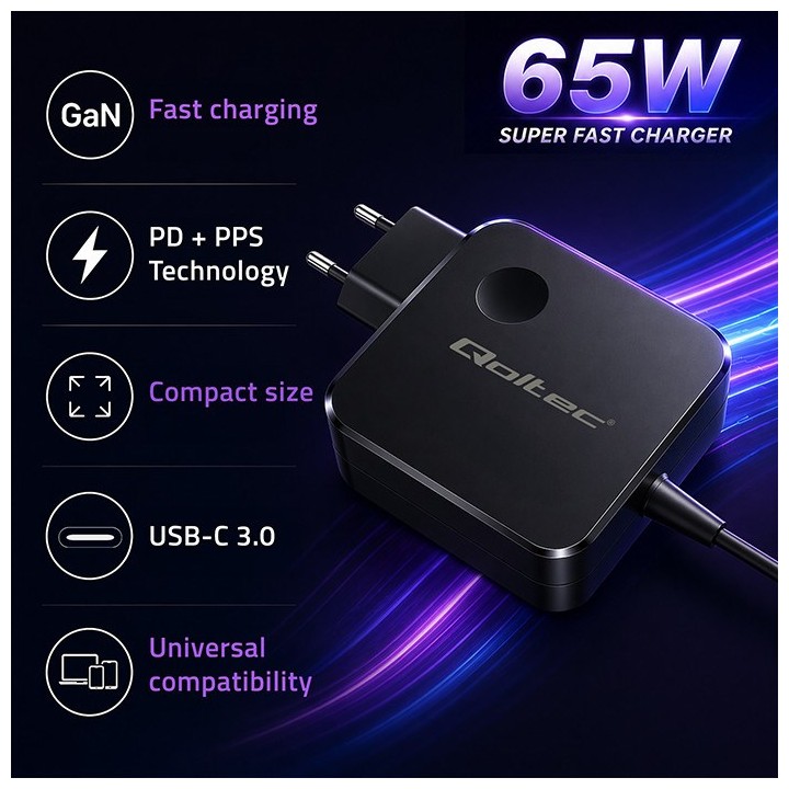 Qoltec 51778 GaN 65W Caricabatterie | 5-21V | 3-3.25A | USB-C PD PPS