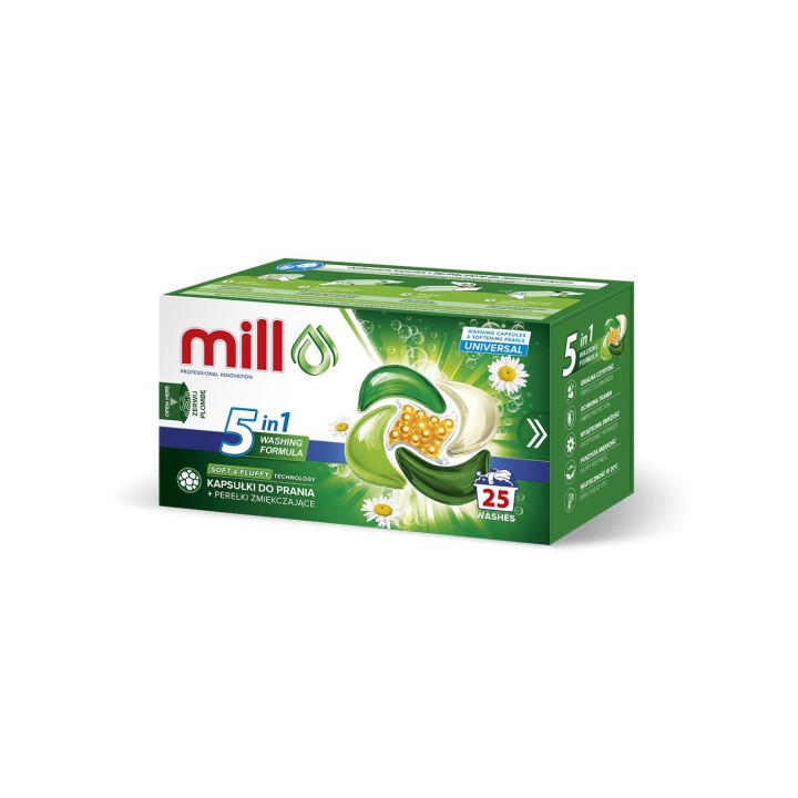 MILL PRO 5k capsule di detersivo + perle ammorbidenti UNIVERSAL 25 pezzi
