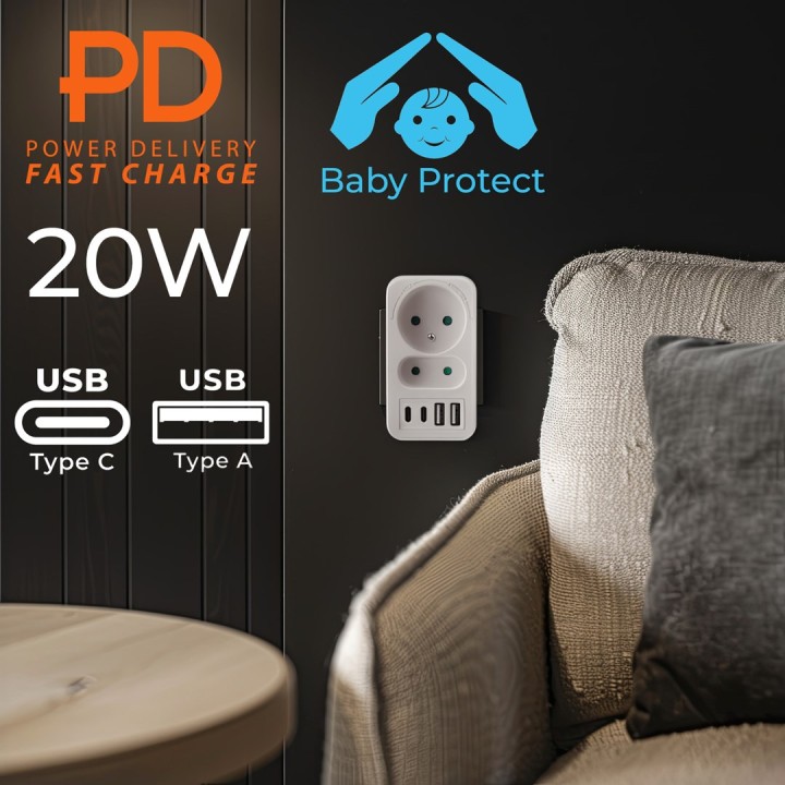 Presa di corrente x2 + 4xUSB Maclean multipresa con 2 prese 2xUSB A 2xUSB C PD 20W 1x16A + 1x6A MCE249 F/W