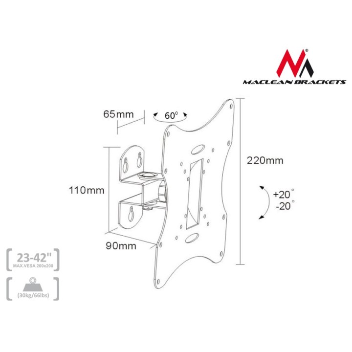 Maclean MC-501A Staffa universale a parete TV 23-42 fino a 30kg vesa 200x200 nero