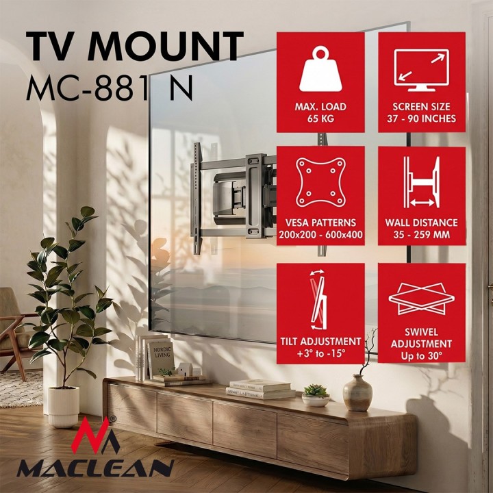 Maclean TV supporto / staffa max VESA 600x400 37-90 carico massimo 65 kg nero MC-881 N