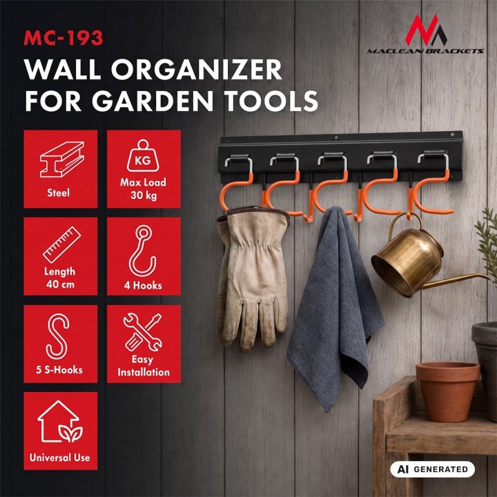 Maclean Organizer da parete per attrezzi da giardino in acciaio con ganci carico massimo 30 kg larghezza 40 cm MC-193
