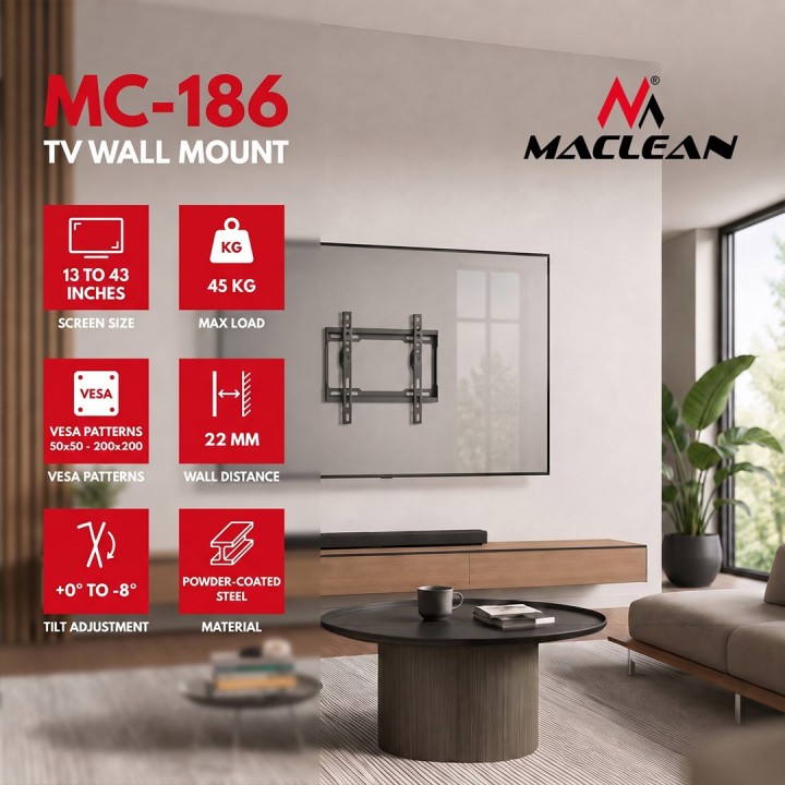 Maclean TV supporto / staffa max VESA 200x200 13-43 fino a 45 kg nero regolazione inclinazione 0°–8° MC-186