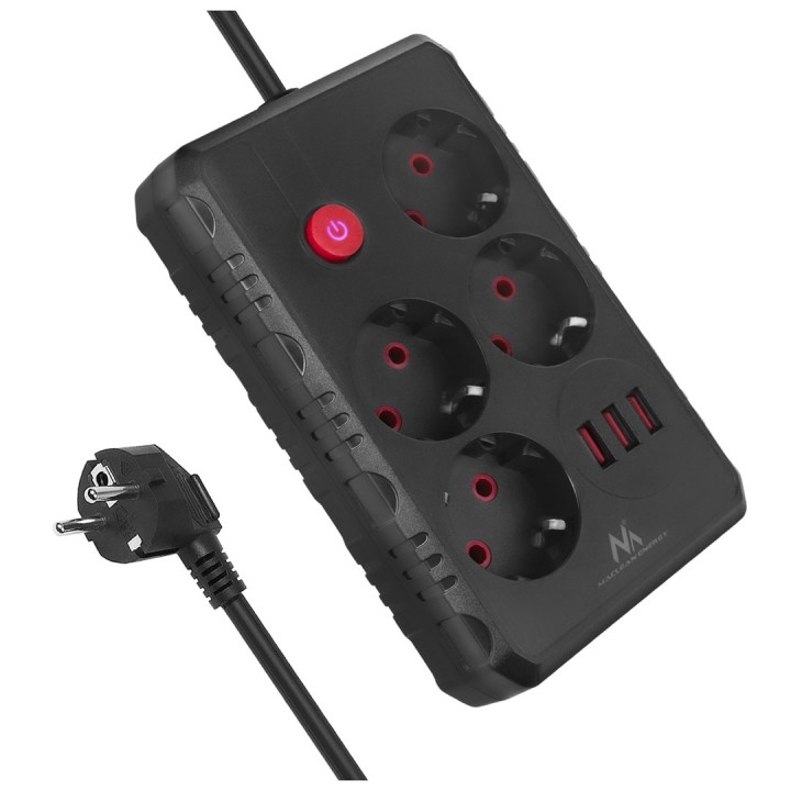 Maclean multipresa 4 prese cavo prolunga + 3xUSB 110-240V AC 50/60Hz 2.1A max 2500W 3m nero MCE393 B