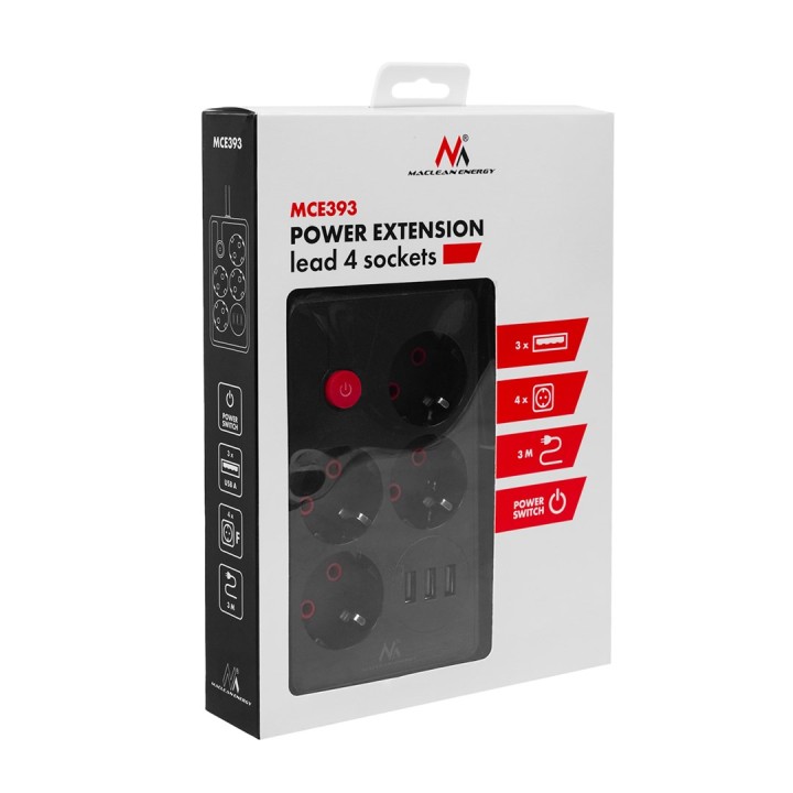Maclean multipresa 4 prese cavo prolunga + 3xUSB 110-240V AC 50/60Hz 2.1A max 2500W 3m nero MCE393 B