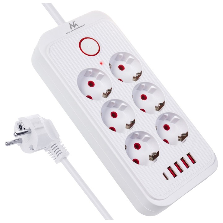 Maclean multipresa 6 prese prolunga + 4xUSB 110-240V AC 50/60Hz 2.1A max 2500W 1.5 m bianco MCE389 W
